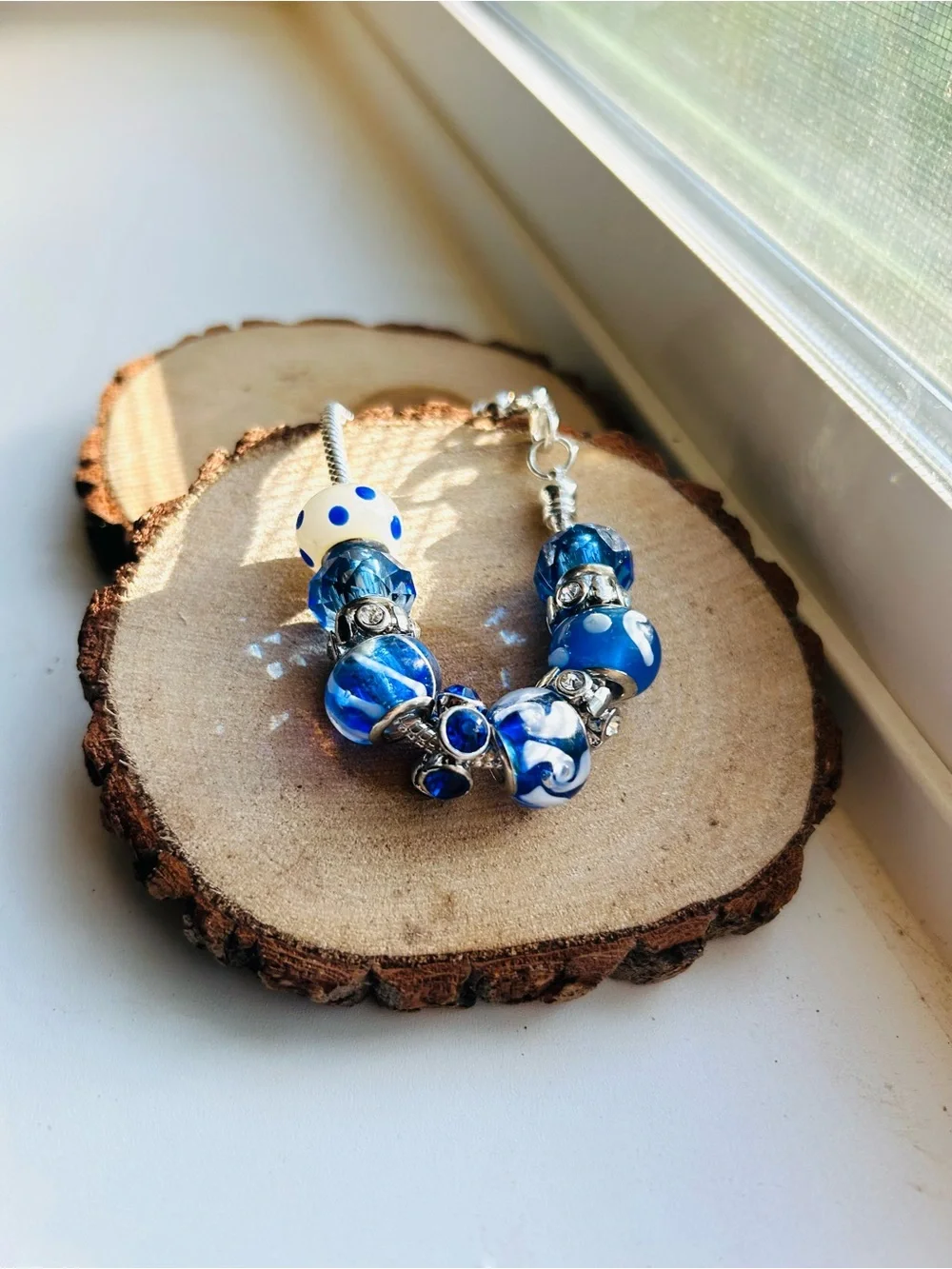 Blue & White Beaded Charm Bracelet | Glass Bead Bracelet | Coastal Jewelry - Picture 2 of 8